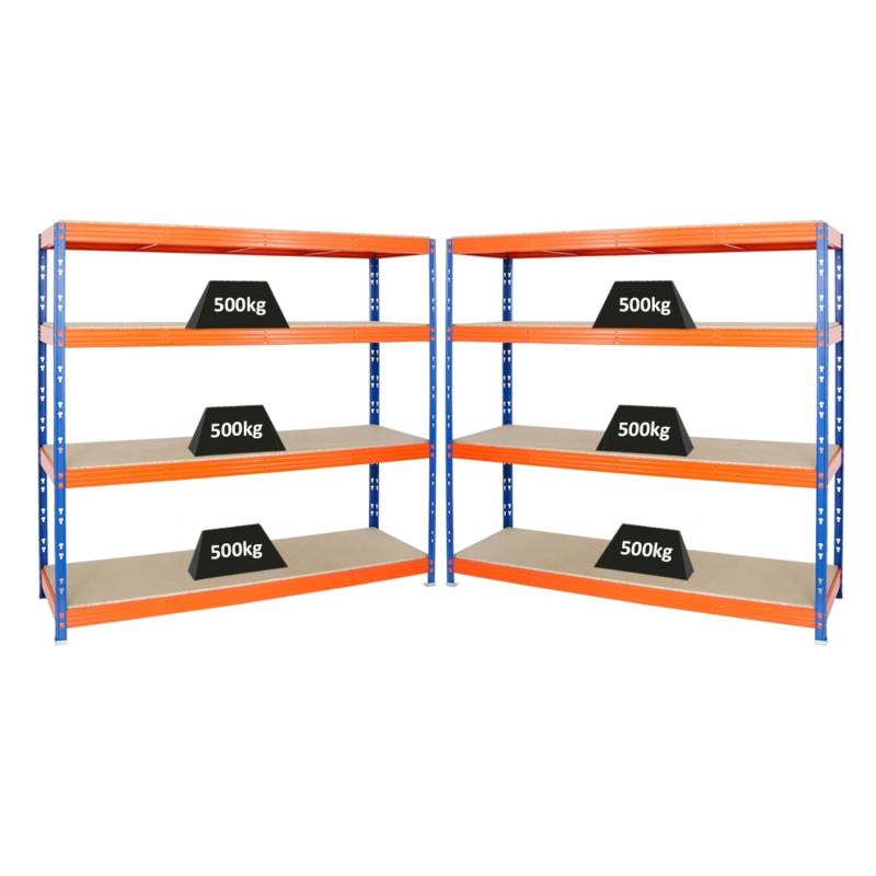 PROREGAL Mega Deal 2x Profi Schwerlastregal Rhino HxBxT 180 x 200 x 60 cm 4 Spanplatten-Ebenen 16mm Fachlast 500 kg Blau-Orange von PROREGAL