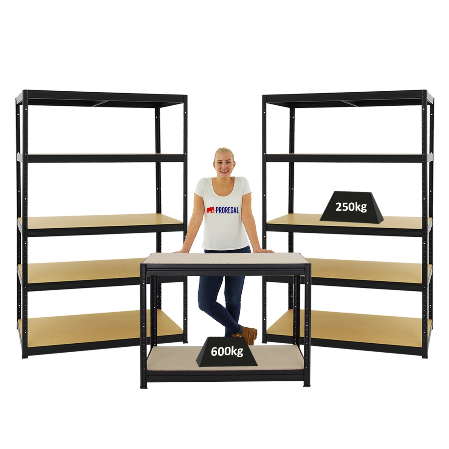 PROREGAL Mega Deal 2x Schwerlastregal Big Elephant M HxBxT 180 x 120 x 60 cm & 1x Höhenverstellbare Werkbank Slim Dino HxBxT 90 x 120 x 60 cm Schwarz von PROREGAL
