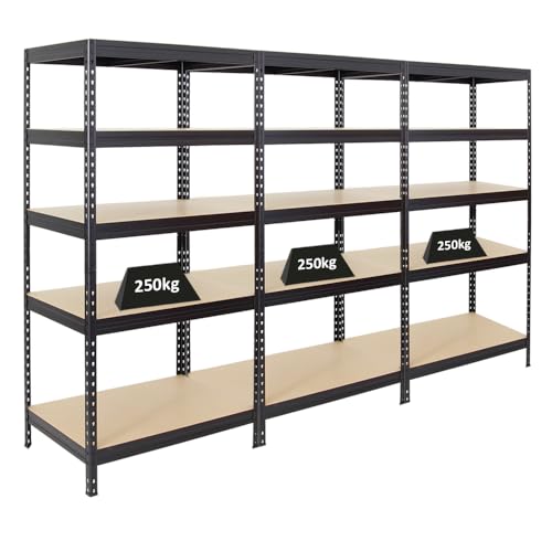 PROREGAL Mega Deal 3er-Set Schwerlastregal Rivet | HxBxT 180x90x60cm | Fachlast 250kg | Schwarz | Innovatives Stecksystem, Verzinkt, Garagenregal, Lagerregal, Kellerregal PROREGAL Mega Deal 3er-Set Schwerlastregal Rivet | HxBxT 180x90x60cm | Fachlast 250kg | Schwarz | Innovatives Stecksystem, Verzinkt, Garagenregal, Lagerregal, Kellerregal von PROREGAL