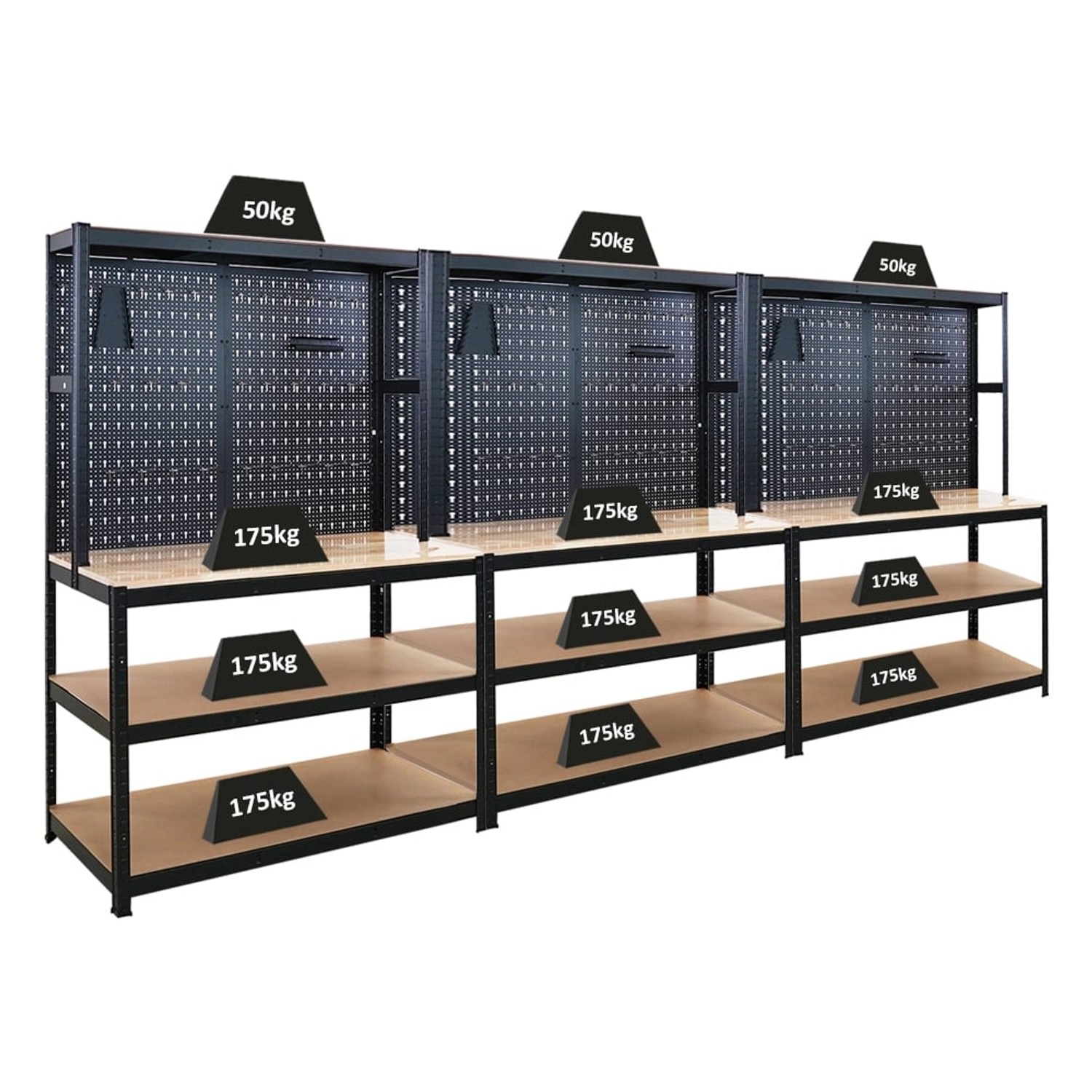 PROREGAL Mega Deal 3x Profi Werkbank GIANT BEAST Mit Lochwand 180x120x60cm Fachlast 175kg Inkl. Werkzeughalter Set Schwarz von PROREGAL