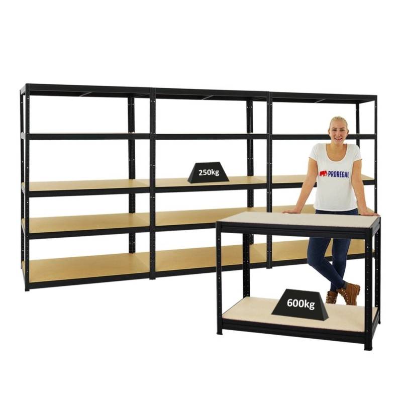 PROREGAL Mega Deal 3x Schwerlastregal Big Elephant M HxBxT 180 x 120 x 60 cm & 1x Höhenverstellbare Werkbank Slim Dino HxBxT 90 x 120 x 60 cm Schwarz von PROREGAL