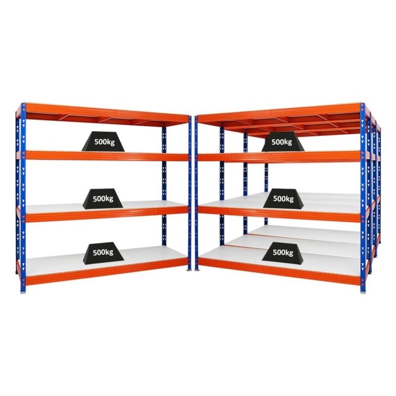 PROREGAL Mega Deal 4x Profi Schwerlastregal Rhino HxBxT 180 x 200 x 60 cm 4 Melamin-Ebenen 16mm Fachlast 500 kg Blau-Orange von PROREGAL