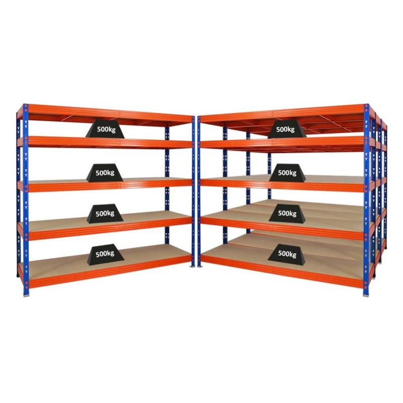 PROREGAL Mega Deal 4x Profi Schwerlastregal Rhino HxBxT 180 x 200 x 60 cm 5 Spanplatten-Ebenen 8mm Fachlast 500 kg Blau/Orange von PROREGAL