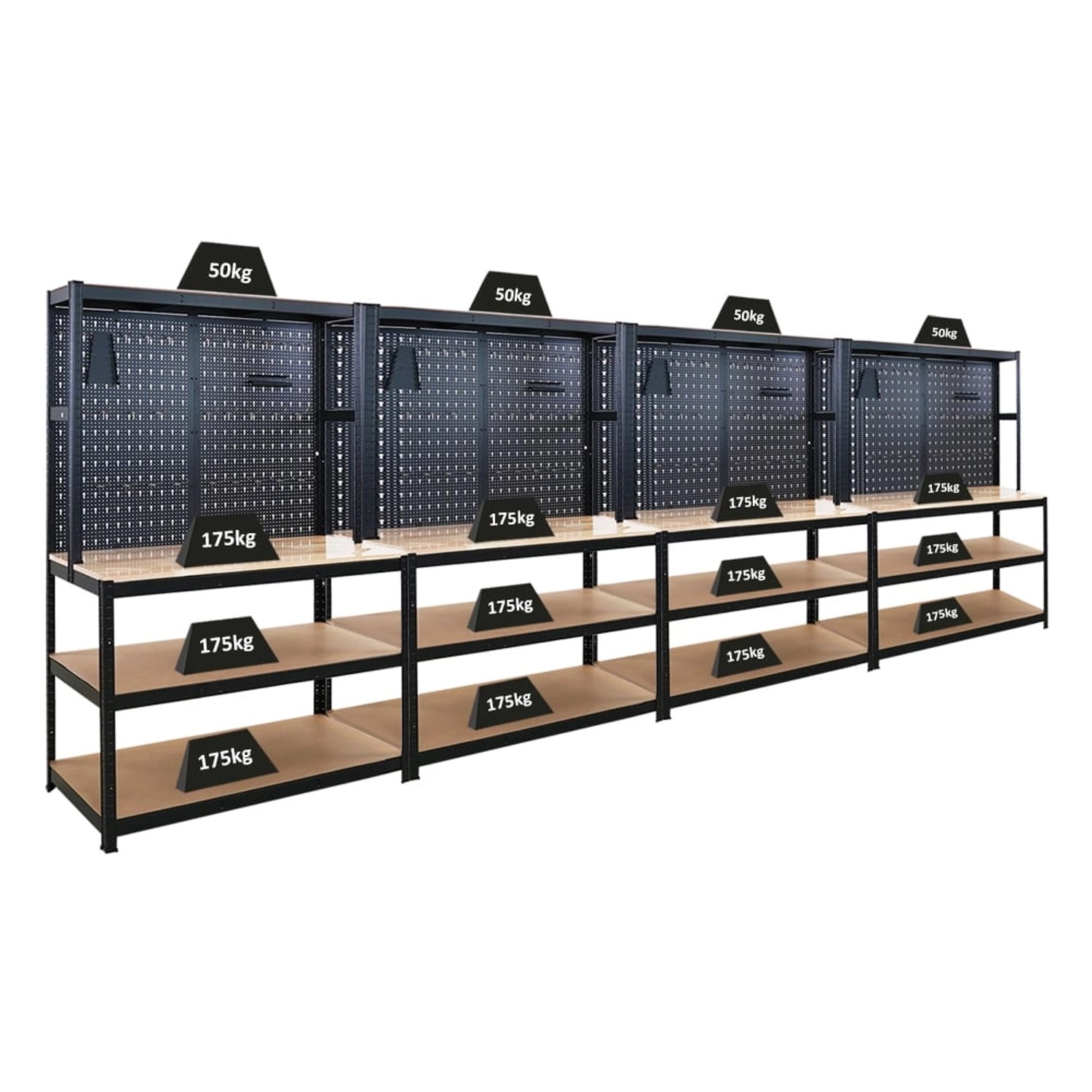 PROREGAL Mega Deal 4x Profi Werkbank GIANT BEAST Mit Lochwand 180x120x60cm Fachlast 175kg Inkl. Werkzeughalter Set Schwarz von PROREGAL
