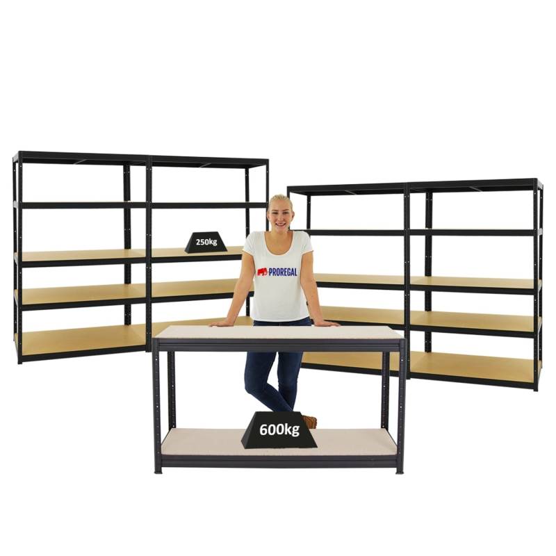 PROREGAL Mega Deal 4x Schwerlastregal Big Elephant M HxBxT 180 x 120 x 60 cm & 1x Höhenverstellbare Werkbank Big Dino HxBxT 90 x 160 x 60 cm Schwarz von PROREGAL