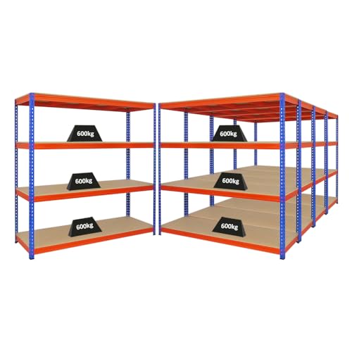 PROREGAL Mega Deal 5X Profi Schwerlastregal Bison, HxBxT 200x200x60cm mit Fachlast 600kg, 4 Fachböden, Blau-Orange, Steckregal Garagenregal Lagerregal Werkstattregal Weitspannregal von PROREGAL