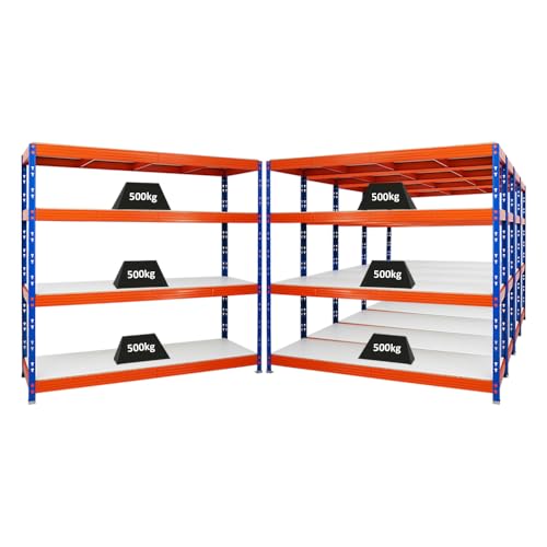 PROREGAL Mega Deal | 5X Profi Schwerlastregal Rhino | HxBxT 180x200x60cm | 4 Melamin-Ebenen 16mm | Fachlast 500kg | Blau-Orange | Garagenregal Lagerregal Steckregal Weitspannregal von PROREGAL