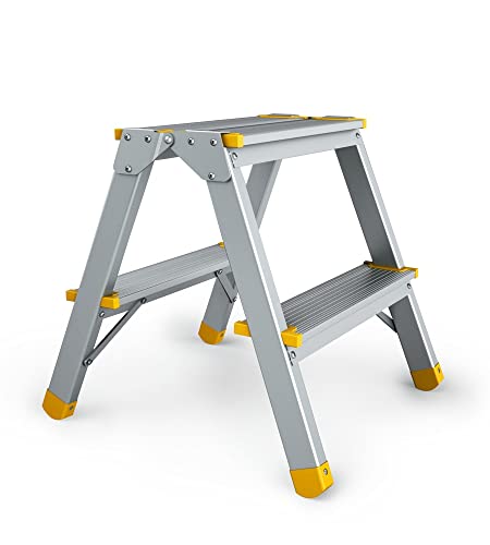 PROREGAL Metal Double Giraffe Doppelseitige-Aluminium-Stufenstehleiter | 2 Stufen | HxB 41x40cm | 150kg Tragkraft | Leiter, Teleskopleiter, Trittleiter, Bockleiter, Sprossen-Doppelleiter von PROREGAL