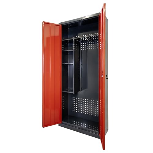 PROREGAL Motorradschrank Owl mit 3X Staufächer & 1x Fachboden | HxBxT 192x80x37cm | Anthrazitgrau/Rot | Mehrzweckschrank Garderobenschrank Spind Flügeltürenschrank Metallschrank abschließbar von PROREGAL