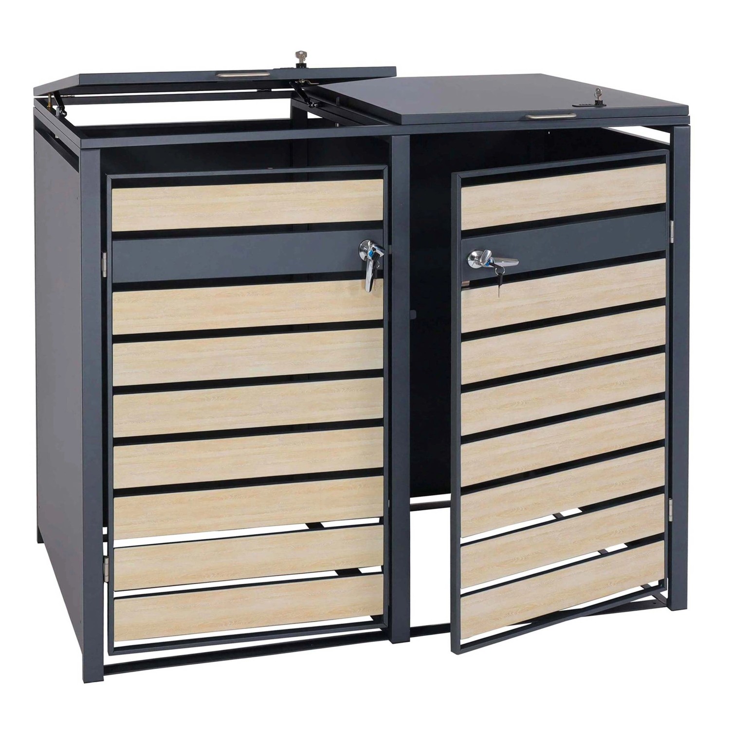 PROREGAL Mülltonnenbox 2er 117x132x80cm Anthrazit Buche-Holzoptik Hellbraun Schlitzoptik PROREGAL Mülltonnenbox 2er 117x132x80cm Anthrazit Buche-Holzoptik Hellbraun Schlitzoptik von PROREGAL