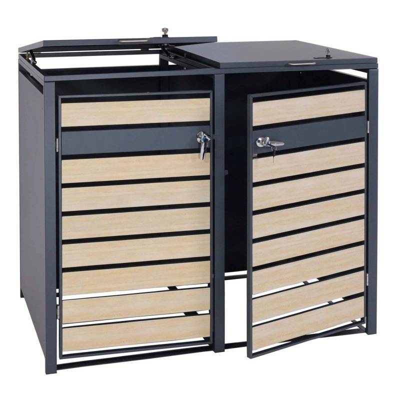 PROREGAL Mülltonnenbox 2er 117x132x80cm Anthrazit Buche-Holzoptik Hellbraun Schlitzoptik PROREGAL Mülltonnenbox 2er 117x132x80cm Anthrazit Buche-Holzoptik Hellbraun Schlitzoptik von PROREGAL