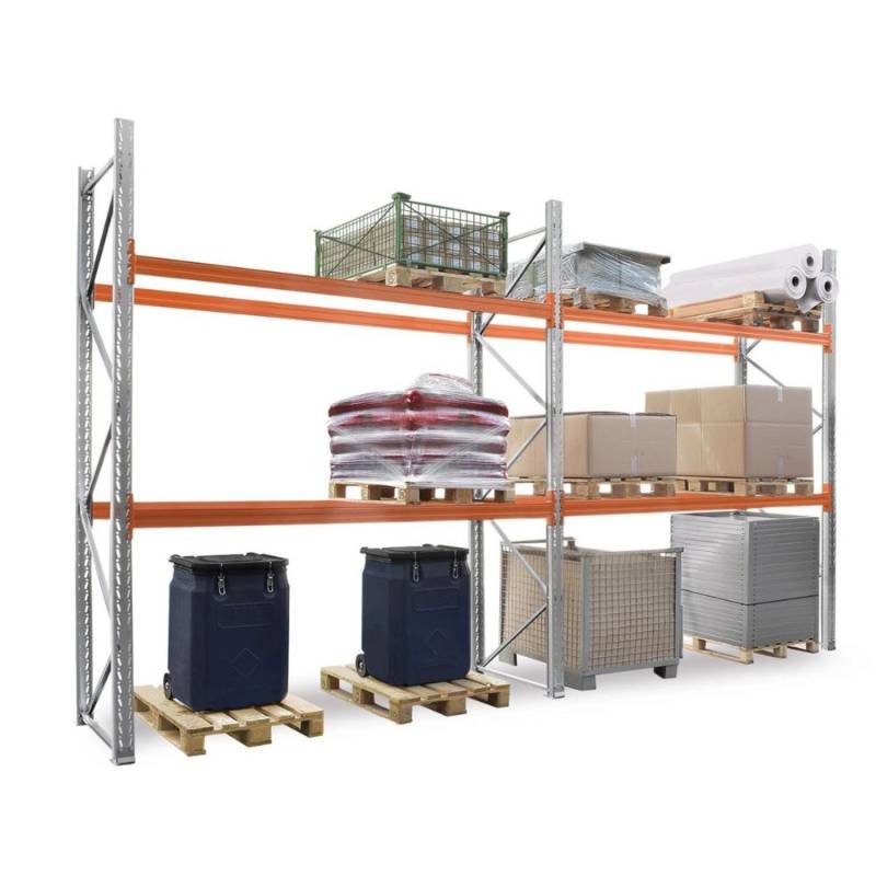 PROREGAL Palettenregal Schraub-Stecksystem T-Profil HxBxT 336 x 570 x 110 cm Fachlast 3000 kg 3 Ebenen Mit 18 Palettenstellplätzen Verzinkt & Orange von PROREGAL