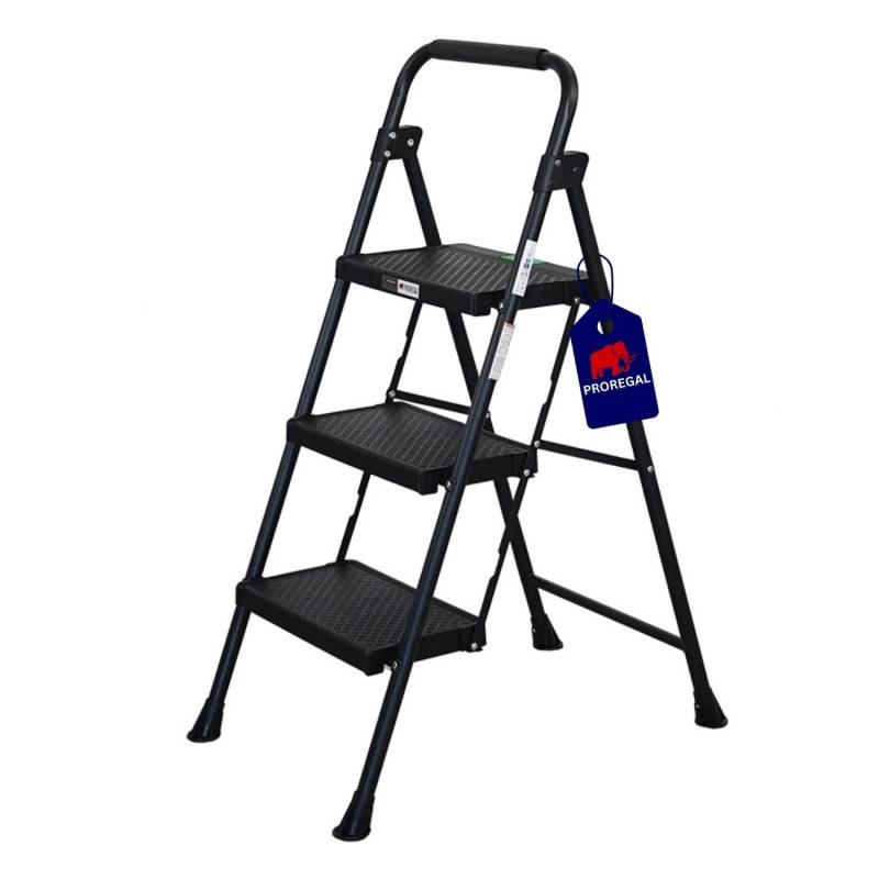 PROREGAL Profi-Trittleiter Klappbar 3 Geriffelte Stufen Aus Kunststoff 106x48x70cm Traglast 150kg Stahl Schwarz Klapptritt Klappleiter Haushaltsleiter von PROREGAL
