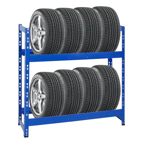PROREGAL Reifenregal Tiger | HxBxT 100x110x35cm | 150kg Fachlast | bis zu 8 Reifen | mit 2 Ebenen | Blau Reifenständer Garagenregal von PROREGAL
