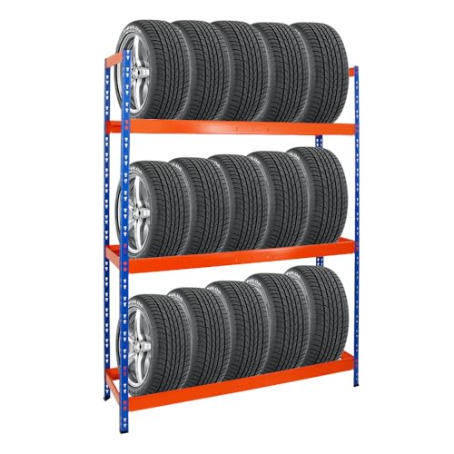 PROREGAL Reifenregal Tiger XL | HxBxT 200x150x45 cm | 300kg Fachlast | bis zu 18 Reifen (205/55 R16) | Blau/Orange | Werkstattregal, Lagerregal, Kellerregal von PROREGAL