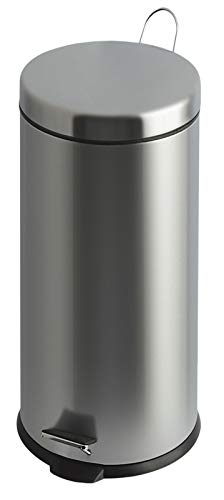 PROREGAL Runder Tretabfallsammler mit herausnehmbaren Kunststoff-Inneneimer | 30 Liter, HxBxT 64x30x33cm | Matt Silber von PROREGAL
