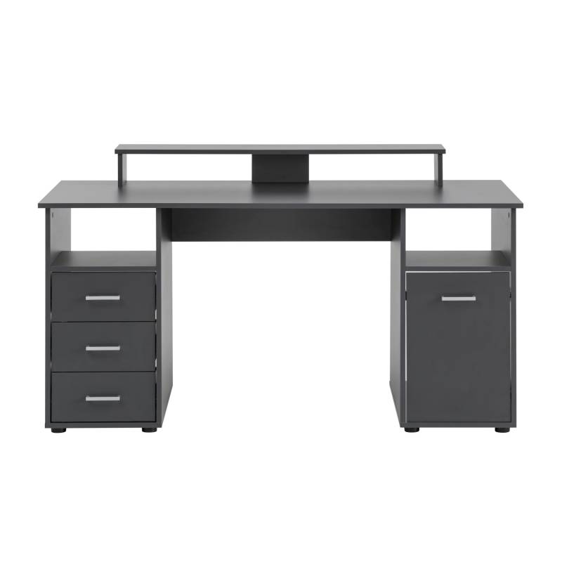 PROREGAL Schreibtisch Fox Large HxBxT 86 x 150 x 70 cm 3 Schubladen 2 Offene Fächer 1 Fach mit Flügeltür & Monitorständer Anthrazit von PROREGAL