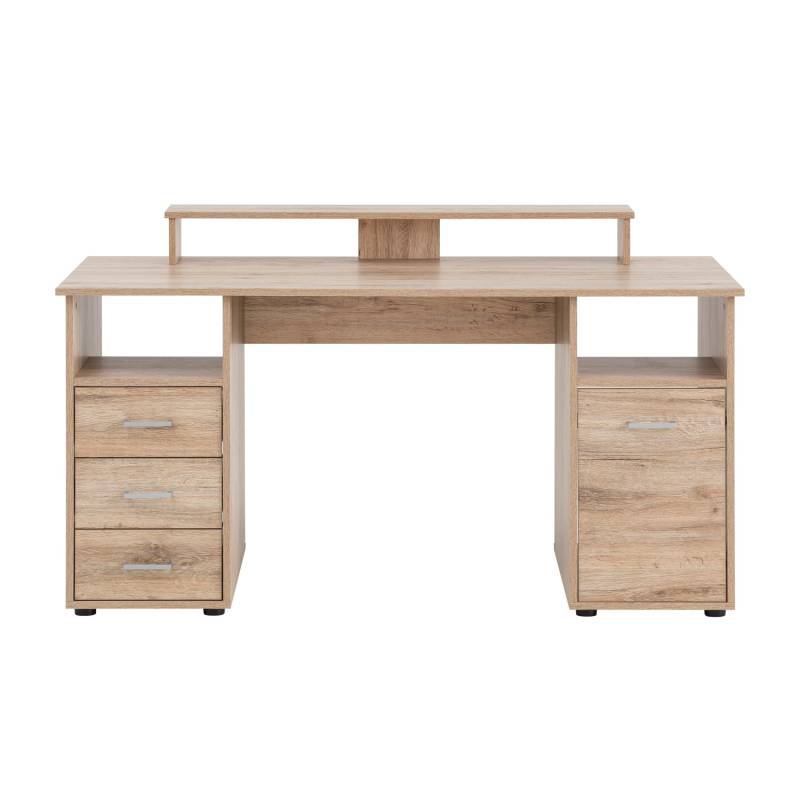 PROREGAL Schreibtisch Fox Large HxBxT 86 x 150 x 70 cm 3 Schubladen 2 Offene Fächer 1 Fach mit Flügeltür & Monitorständer Eiche von PROREGAL