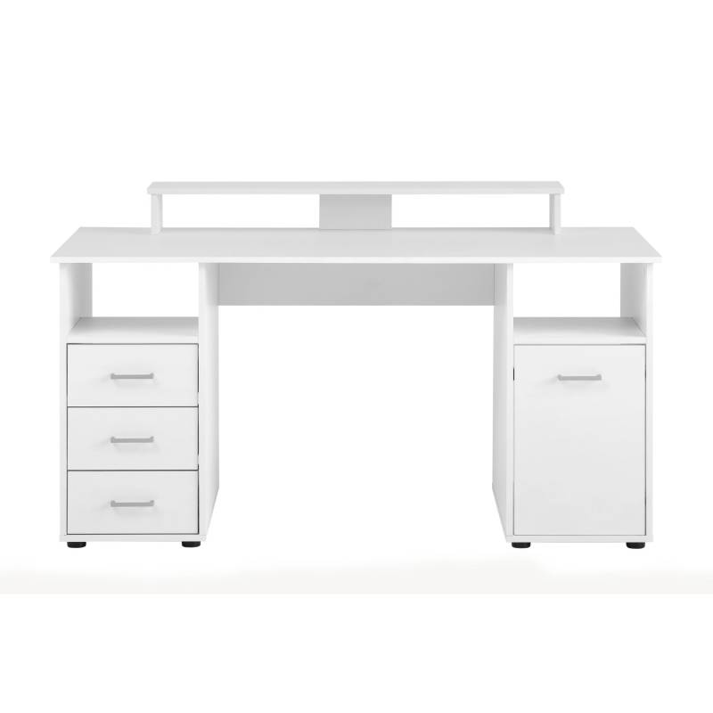 PROREGAL Schreibtisch Fox Large HxBxT 86 x 150 x 70 cm 3 Schubladen 2 Offene Fächer 1 Fach mit Flügeltür & Monitorständer Weiß von PROREGAL