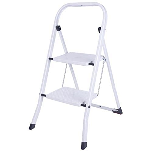 PROREGAL Small Giraffe Einseitige Metall-Klappleiter | 2 Stufen | HxBxT 81x46x56cm | Weiß |120kg Tragkraft | Leiter, Trittleiter, Stufenleiter, Haushaltsleiter von PROREGAL