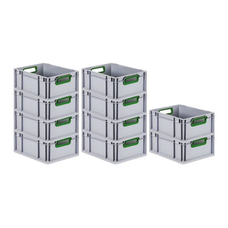 PROREGAL Spar Set 10x Eurobox Nextgen Color HxBxT 17 x 30 x 40 cm 16 Liter Griffe Grün Offen Glatter Boden Eurobehälter Transportbox von PROREGAL