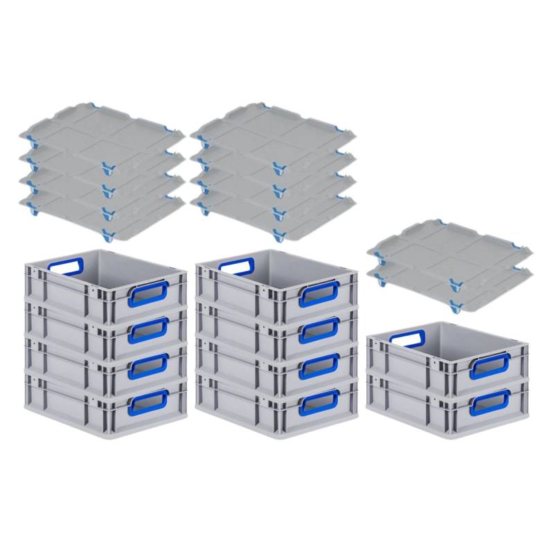 PROREGAL Spar Set 10x Eurobox Nextgen Color Mit Auflagedeckel & Schiebeschnappverschlüsse HxBxT 12 x 30 x 40 cm Griffe Blau Offen Glatter Boden von PROREGAL