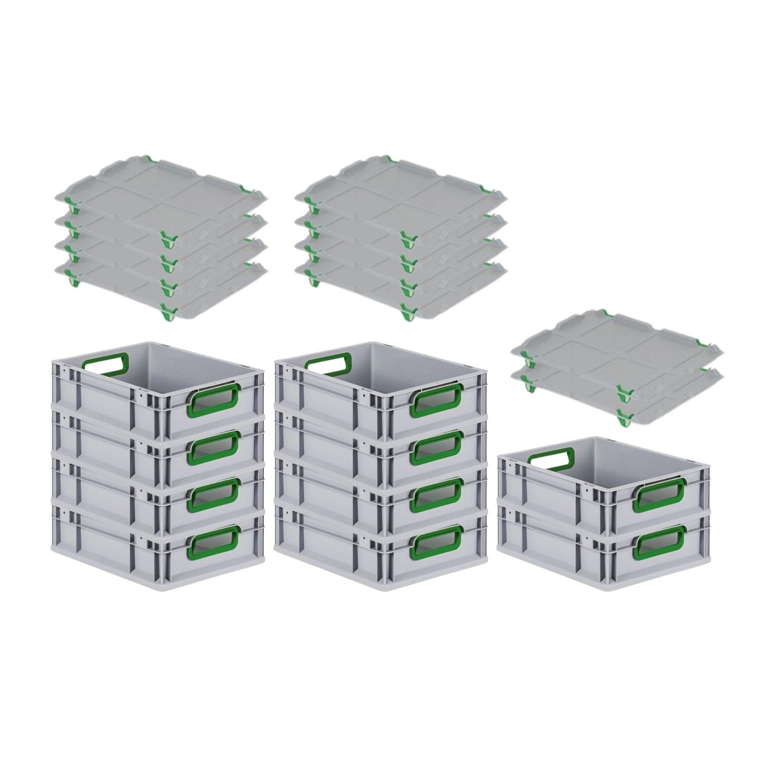 PROREGAL Spar Set 10x Eurobox Nextgen Color Mit Auflagedeckel & Schiebeschnappverschlüsse HxBxT 12 x 30 x 40 cm Griffe Grün Offen Glatter Boden von PROREGAL
