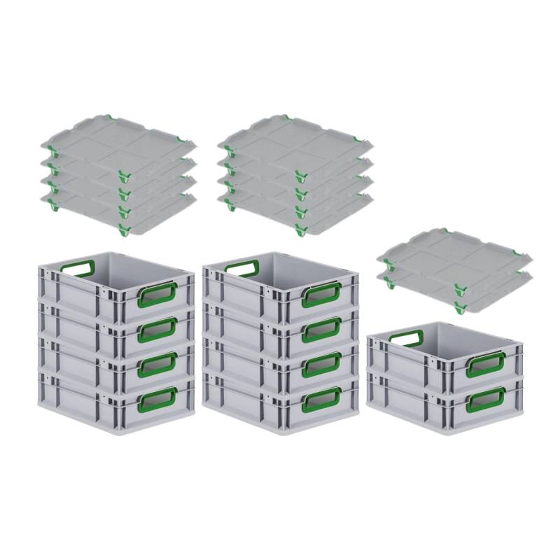 PROREGAL Spar Set 10x Eurobox Nextgen Color Mit Auflagedeckel & Schiebeschnappverschlüsse HxBxT 12 x 30 x 40 cm Griffe Grün Offen Glatter Boden von PROREGAL
