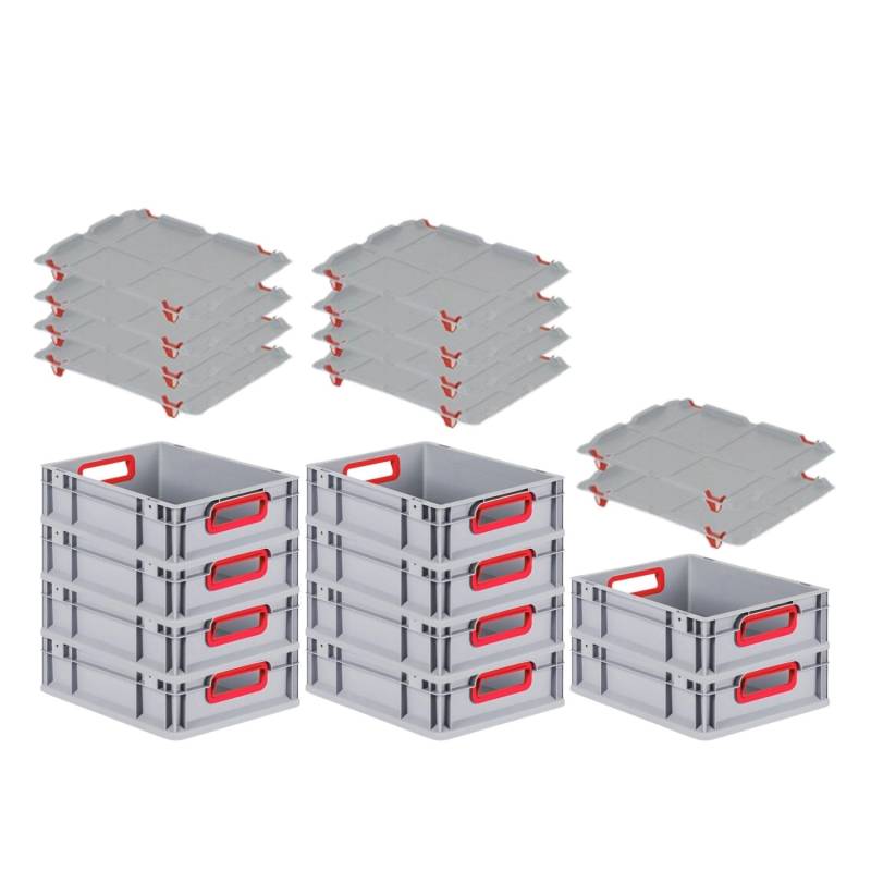 PROREGAL Spar Set 10x Eurobox Nextgen Color Mit Auflagedeckel & Schiebeschnappverschlüsse HxBxT 12 x 30 x 40 cm Griffe Rot Offen Glatter Boden von PROREGAL