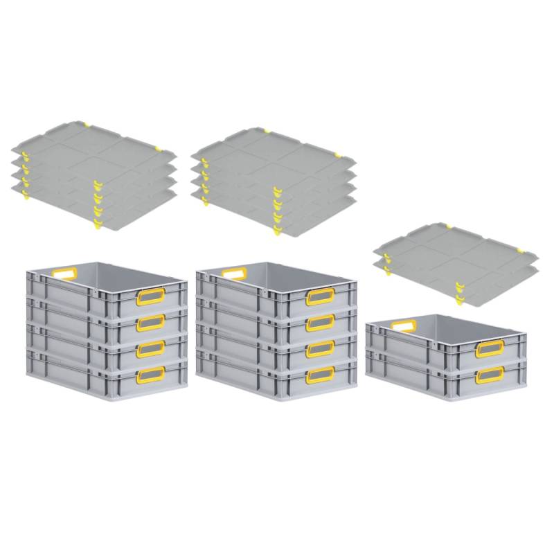 PROREGAL Spar Set 10x Eurobox Nextgen Color Mit Auflagedeckel & Schiebeschnappverschlüsse HxBxT 12 x 40 x 60 cm Griffe Gelb Offen Glatter Boden von PROREGAL