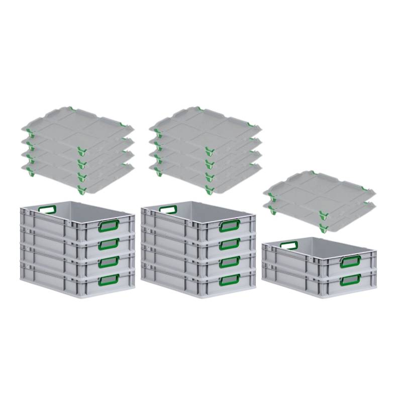 PROREGAL Spar Set 10x Eurobox Nextgen Color Mit Auflagedeckel & Schiebeschnappverschlüsse HxBxT 12 x 40 x 60 cm Griffe Grün Offen Glatter Boden von PROREGAL
