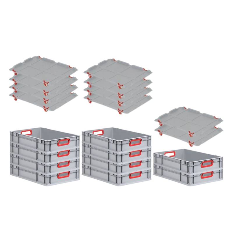 PROREGAL Spar Set 10x Eurobox Nextgen Color Mit Auflagedeckel & Schiebeschnappverschlüsse HxBxT 12 x 40 x 60 cm Griffe Rot Offen Glatter Boden von PROREGAL