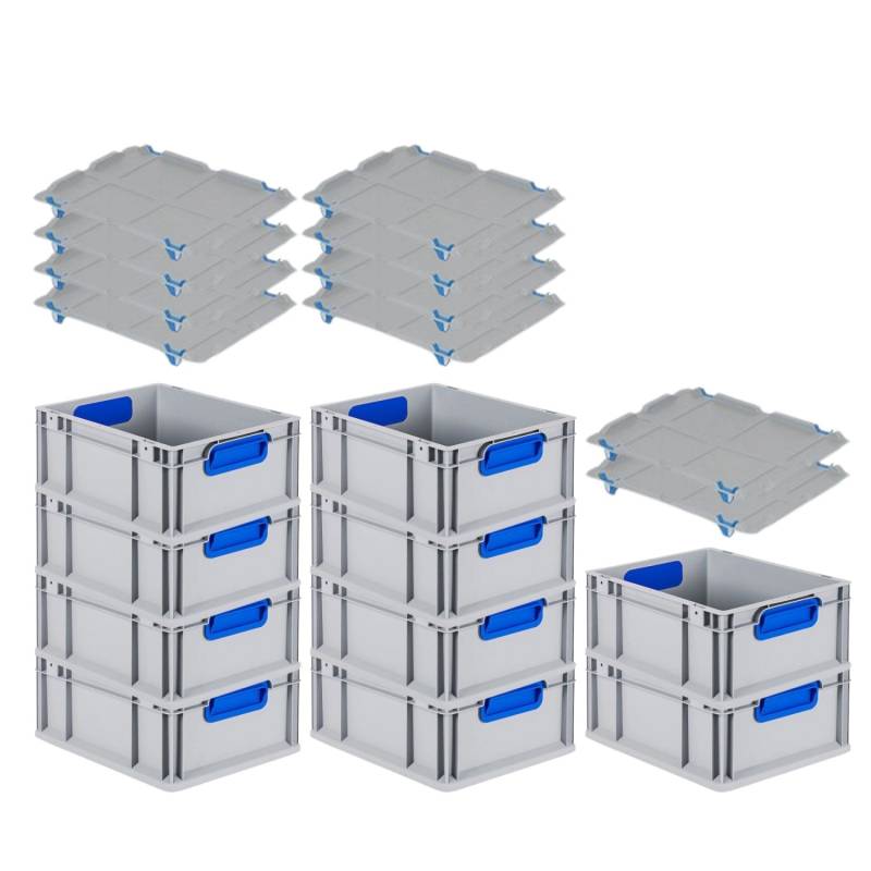PROREGAL Spar Set 10x Eurobox Nextgen Color Mit Auflagedeckel & Schiebeschnappverschlüsse HxBxT 17 x 30 x 40 cm Griffe Blau Geschlossen Glatter Boden von PROREGAL