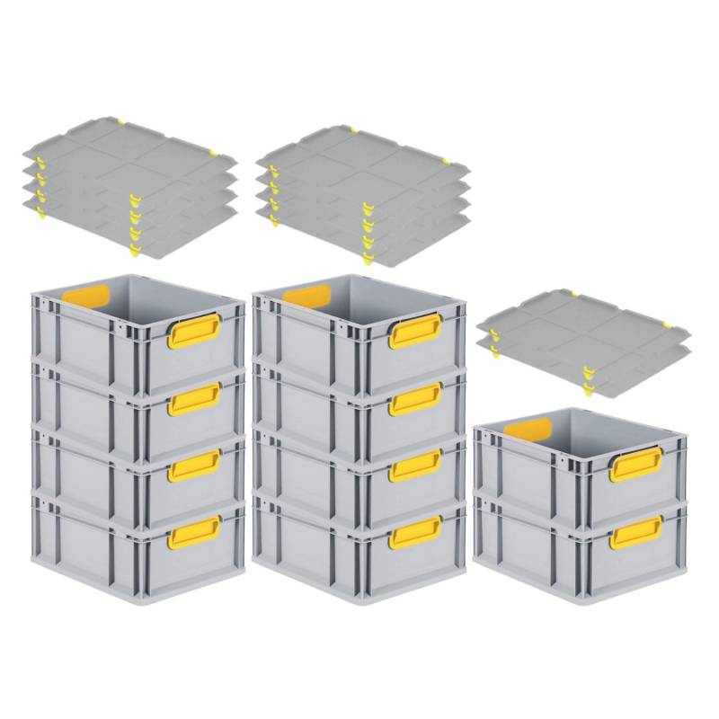 PROREGAL Spar Set 10x Eurobox Nextgen Color Mit Auflagedeckel & Schiebeschnappverschlüsse HxBxT 17 x 30 x 40 cm Griffe Gelb Geschlossen Glatter Boden von PROREGAL