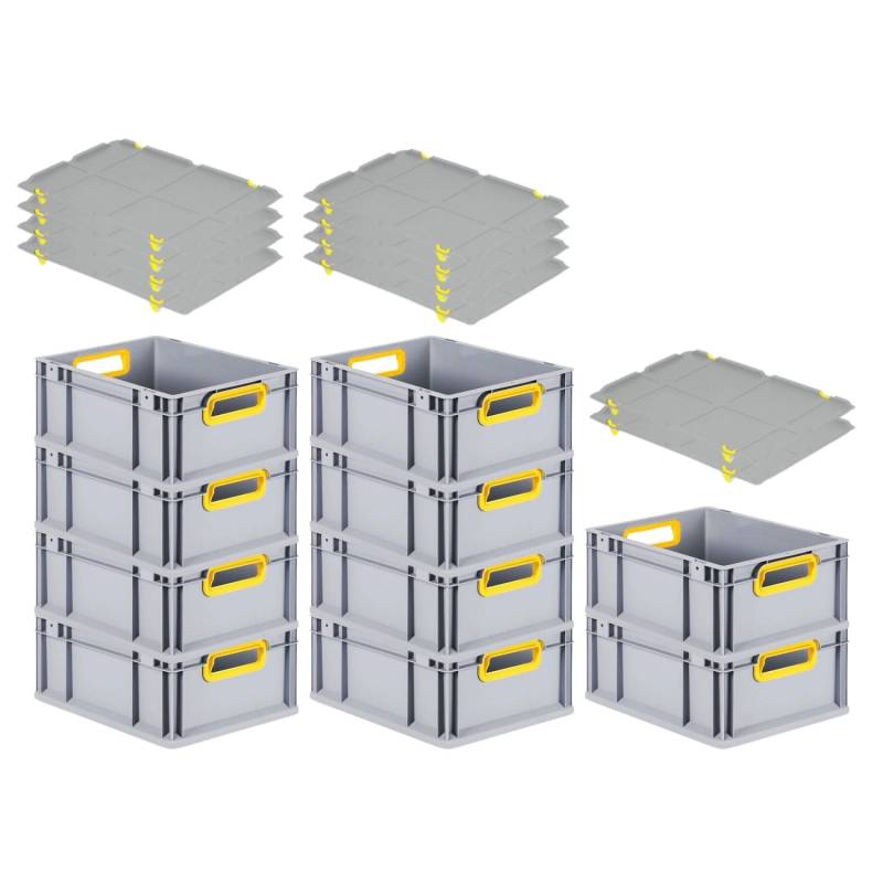 PROREGAL Spar Set 10x Eurobox Nextgen Color Mit Auflagedeckel & Schiebeschnappverschlüsse HxBxT 17 x 30 x 40 cm Griffe Gelb Offen Glatter Boden von PROREGAL