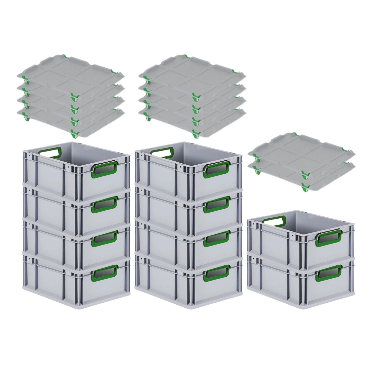 PROREGAL Spar Set 10x Eurobox Nextgen Color Mit Auflagedeckel & Schiebeschnappverschlüsse HxBxT 17 x 30 x 40 cm Griffe Grün Offen Glatter Boden von PROREGAL
