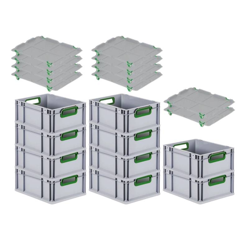 PROREGAL Spar Set 10x Eurobox Nextgen Color Mit Auflagedeckel & Schiebeschnappverschlüsse HxBxT 17 x 30 x 40 cm Griffe Grün Offen Glatter Boden von PROREGAL