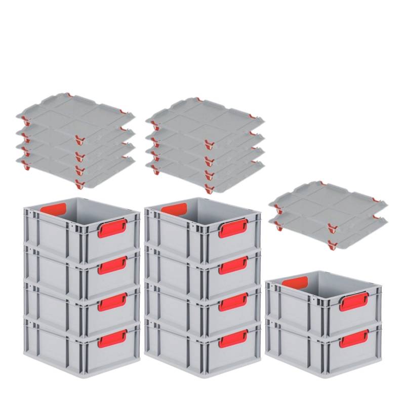 PROREGAL Spar Set 10x Eurobox Nextgen Color Mit Auflagedeckel & Schiebeschnappverschlüsse HxBxT 17 x 30 x 40 cm Griffe Rot Geschlossen Glatter Boden von PROREGAL