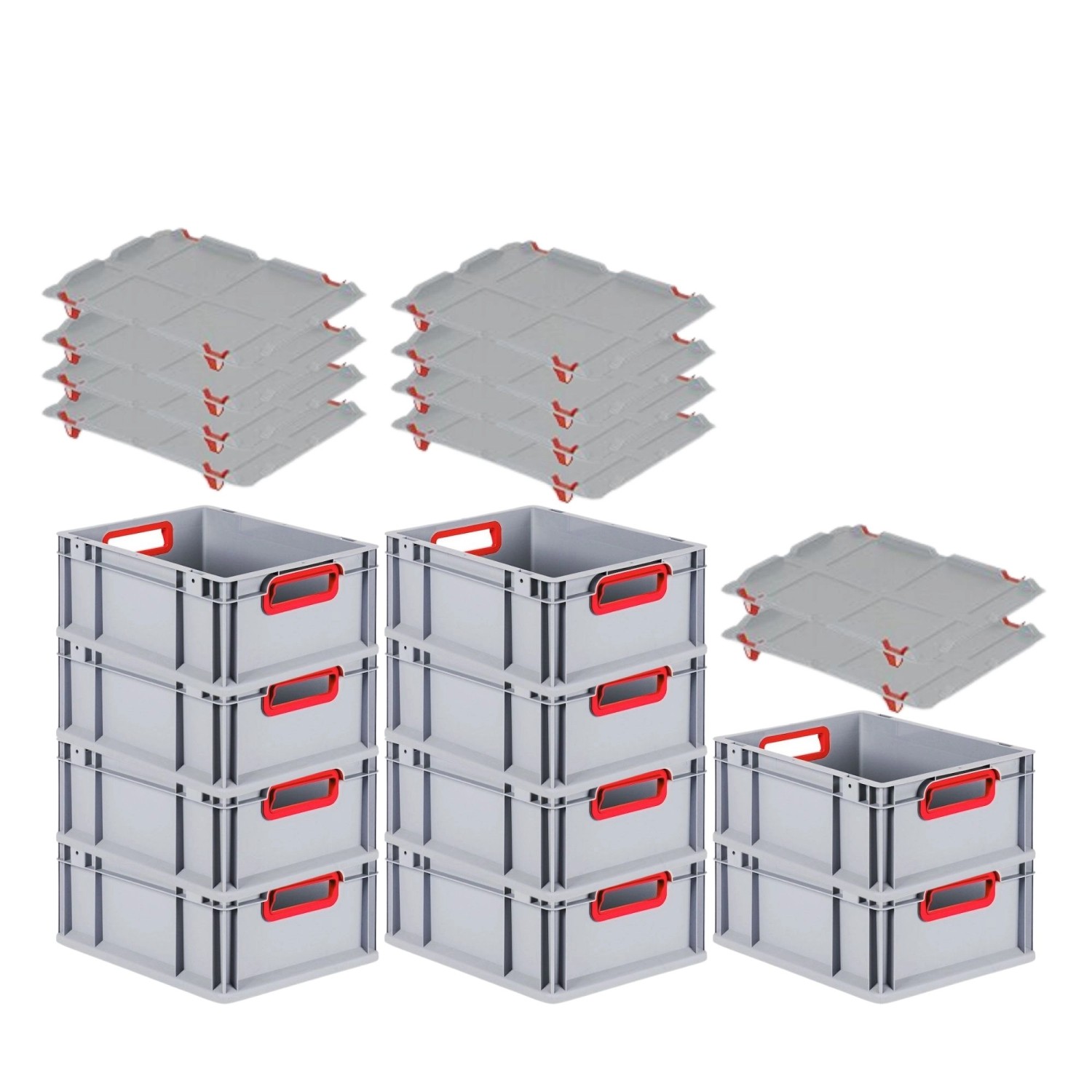 PROREGAL Spar Set 10x Eurobox Nextgen Color Mit Auflagedeckel & Schiebeschnappverschlüsse HxBxT 17 x 30 x 40 cm Griffe Rot Offen Glatter Boden von PROREGAL