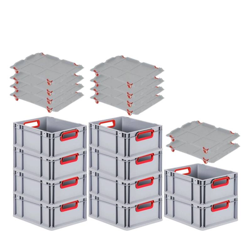 PROREGAL Spar Set 10x Eurobox Nextgen Color Mit Auflagedeckel & Schiebeschnappverschlüsse HxBxT 17 x 30 x 40 cm Griffe Rot Offen Glatter Boden von PROREGAL