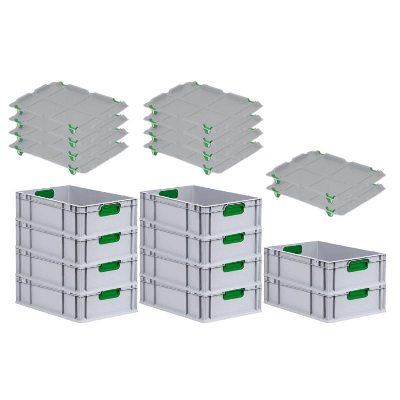PROREGAL Spar Set 10x Eurobox Nextgen Color Mit Auflagedeckel & Schiebeschnappverschlüsse HxBxT 17 x 40 x 60 cm Griffe Grün Geschlossen Glatter Boden von PROREGAL