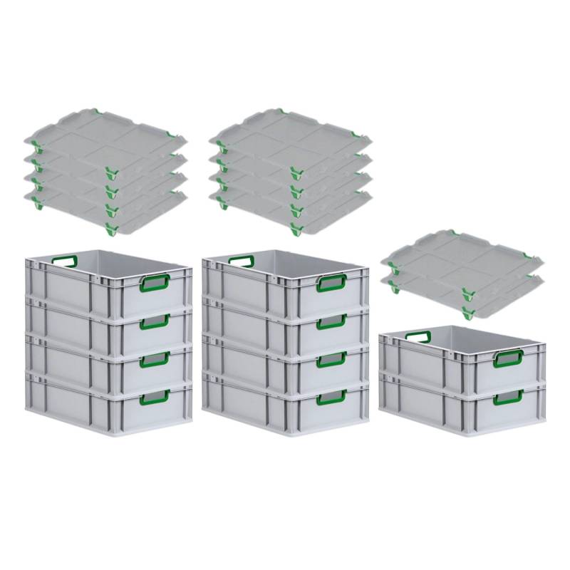 PROREGAL Spar Set 10x Eurobox Nextgen Color Mit Auflagedeckel & Schiebeschnappverschlüsse HxBxT 17 x 40 x 60 cm Griffe Grün Offen Glatter Boden von PROREGAL