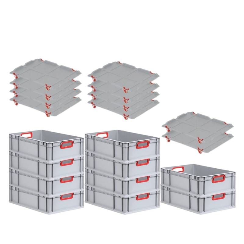 PROREGAL Spar Set 10x Eurobox Nextgen Color Mit Auflagedeckel & Schiebeschnappverschlüsse HxBxT 17 x 40 x 60 cm Griffe Rot Offen Glatter Boden von PROREGAL