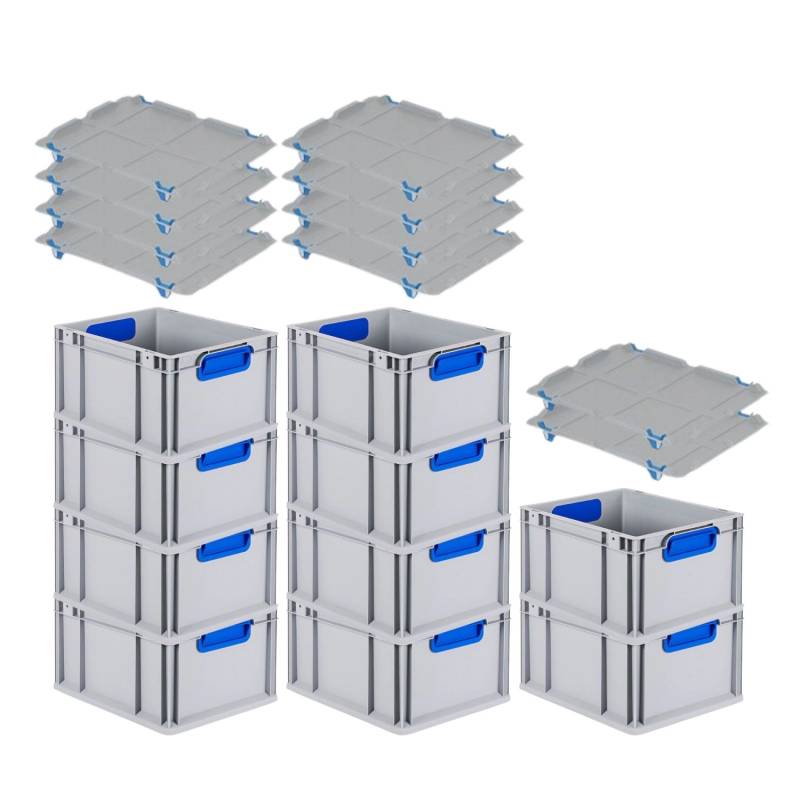 PROREGAL Spar Set 10x Eurobox Nextgen Color Mit Auflagedeckel & Schiebeschnappverschlüsse HxBxT 22 x 30 x 40 cm Griffe Blau Geschlossen Glatter Boden von PROREGAL