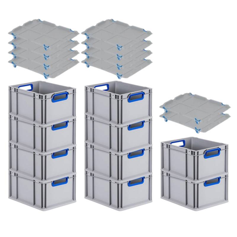 PROREGAL Spar Set 10x Eurobox Nextgen Color Mit Auflagedeckel & Schiebeschnappverschlüsse HxBxT 22 x 30 x 40 cm Griffe Blau Offen Glatter Boden von PROREGAL