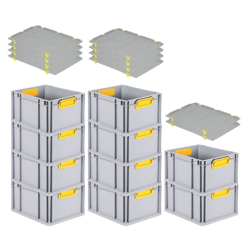 PROREGAL Spar Set 10x Eurobox Nextgen Color Mit Auflagedeckel & Schiebeschnappverschlüsse HxBxT 22 x 30 x 40 cm Griffe Gelb Geschlossen Glatter Boden von PROREGAL