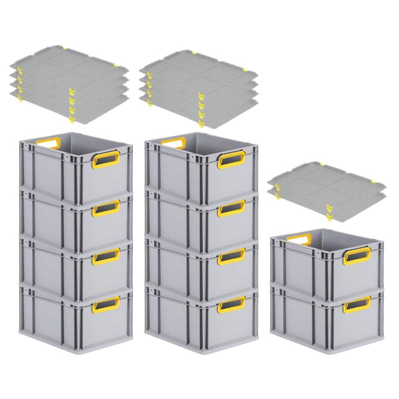 PROREGAL Spar Set 10x Eurobox Nextgen Color Mit Auflagedeckel & Schiebeschnappverschlüsse HxBxT 22 x 30 x 40 cm Griffe Gelb Offen Glatter Boden von PROREGAL