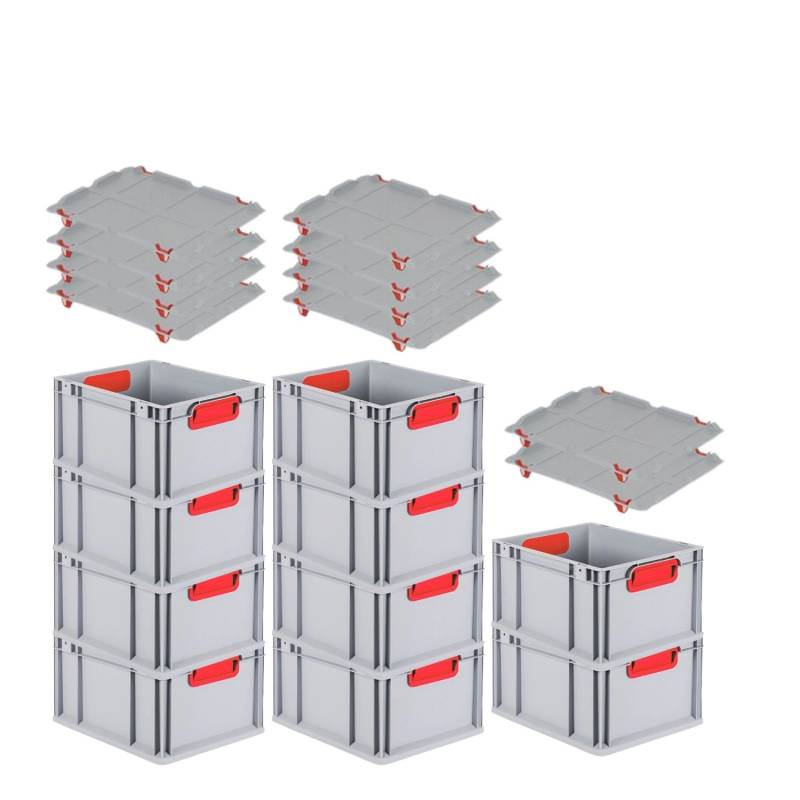 PROREGAL Spar Set 10x Eurobox Nextgen Color Mit Auflagedeckel & Schiebeschnappverschlüsse HxBxT 22 x 30 x 40 cm Griffe Rot Geschlossen Glatter Boden von PROREGAL