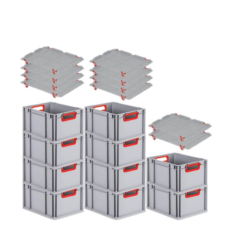 PROREGAL Spar Set 10x Eurobox Nextgen Color Mit Auflagedeckel & Schiebeschnappverschlüsse HxBxT 22 x 30 x 40 cm Griffe Rot Offen Glatter Boden von PROREGAL