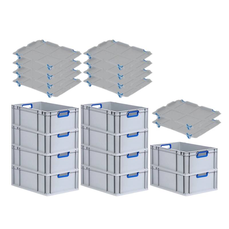 PROREGAL Spar Set 10x Eurobox Nextgen Color Mit Auflagedeckel & Schiebeschnappverschlüsse HxBxT 22 x 40 x 60 cm Griffe Blau Offen Verstärkter Boden von PROREGAL